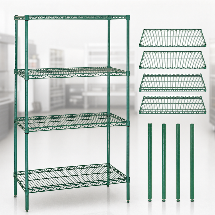Product image #3 for Quantum 60"W x 36"D x 86"H Wire Shelving Starter Kit with 4 Shelves and 4 Posts, Green Epoxy Antimicrobial Finish