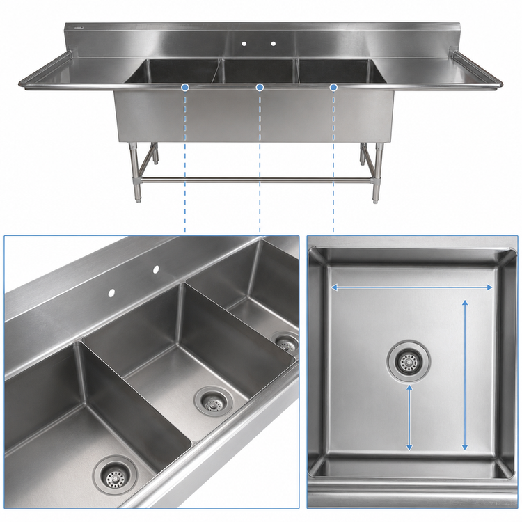 Product image #3 for John Boos Pro-Bowl 3-Compartment Stainless Steel Sink with Dual 24-Inch Drainboards, 20 x 20 x 12-Inch Bowls