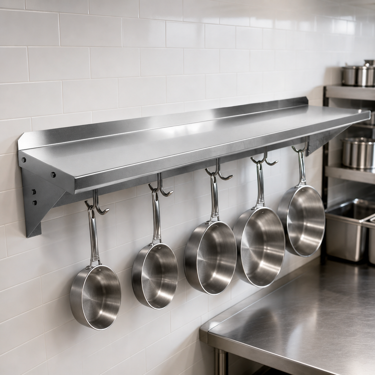 Product image #3 for John Boos Stallion 60-Inch Wall-Mount Stainless Steel Pot Rack Shelf, 18 Gauge, 5 Hooks