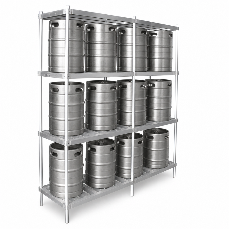 Product image #3 for John Boos 3-Shelf Aluminum Keg Rack, 72 Inch W x 20 Inch D x 76 Inch H, 8-Keg Capacity