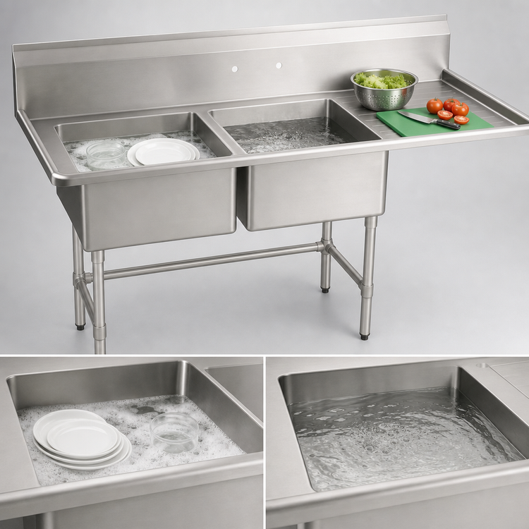 Product image #3 for BlendPort BPFE Series Economy Stainless Steel 2-Compartment Sink with Right Drainboard, 18 x 18 Inch Bowls