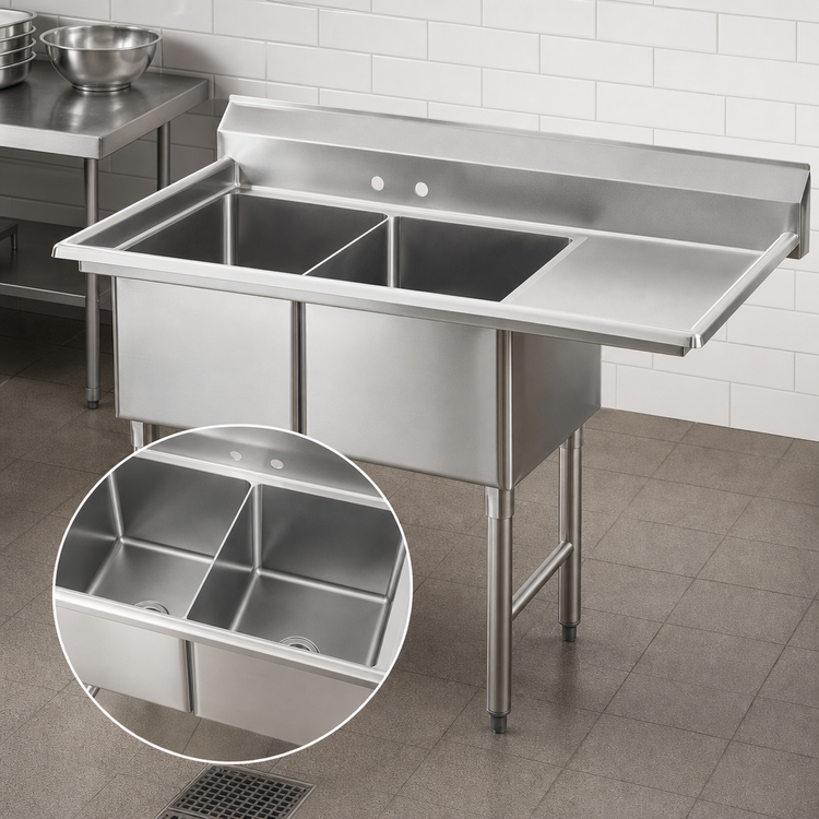 Product image #3 for Advance Tabco 2-Compartment Fabricated Stainless Steel Sink with 24-Inch Right Drainboard, 20 x 30 x 14-Inch Bowls