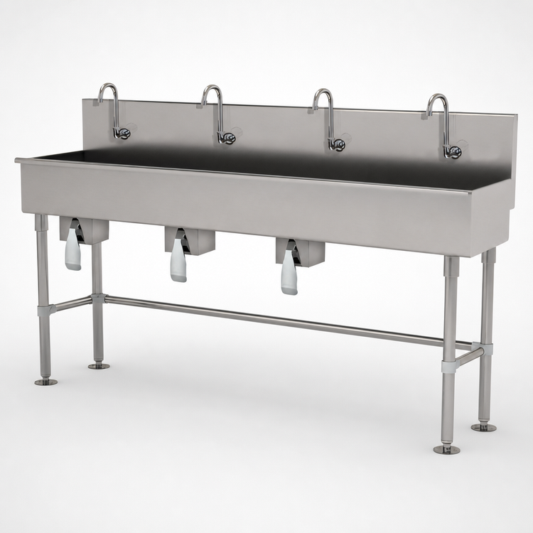 Product image #3 for Advance Tabco 4-Station Knee-Operated Freestanding Hand Wash Sink with Gooseneck Spouts, 80-Inch Wide