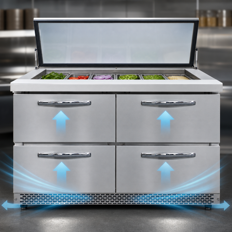 Product image #3 for Continental Refrigerator Mighty Top SW48N18M-HGL-FB-D 48" Two-Section Sandwich Unit, 18-Pan, Hinged Glass Lid, Front Breather