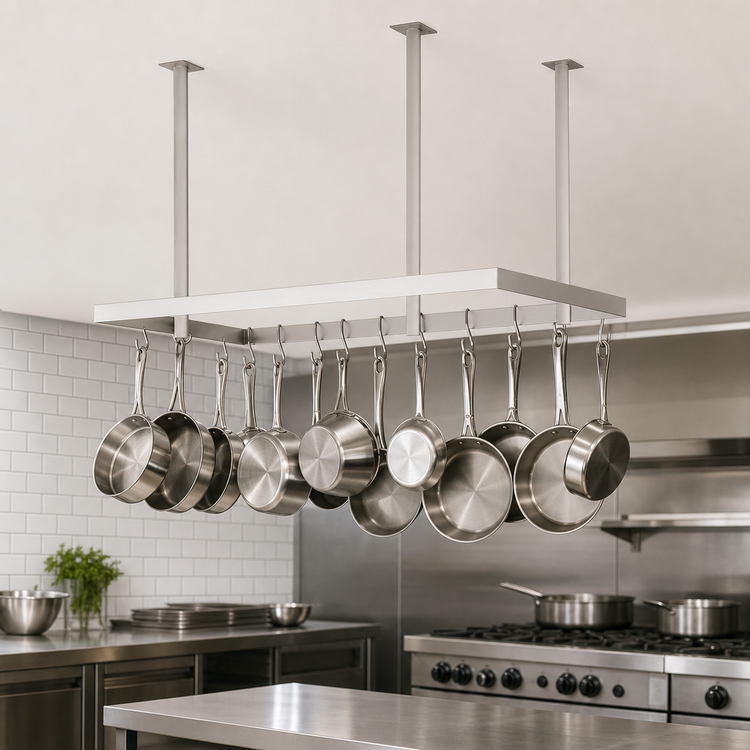 Product image #3 for John Boos Ceiling-Mounted Square Stainless Steel Pot Rack with 30 Double Hooks