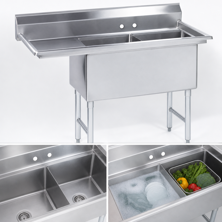 Product image #3 for Advance Tabco Special Value Series 2-Compartment Fabricated Sink with Left Drainboard, 18 x 18 x 14-Inch Bowls, 16-Gauge 304 Stainless Steel