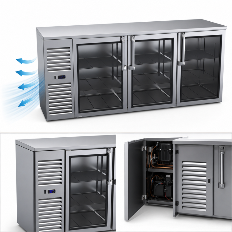 Product image #3 for Krowne Three-Section Refrigerated Back Bar Storage Cabinet, 84-Inch Wide, Self-Contained