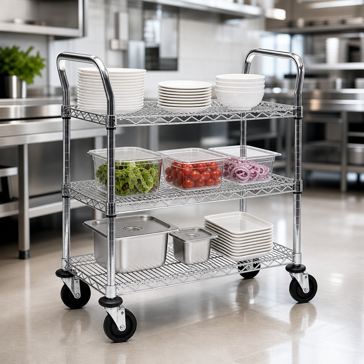 Product image #3 for Metro Super Erecta MW705 3-Shelf Chrome-Plated Steel Utility Bus Cart, 36 x 18 Inches