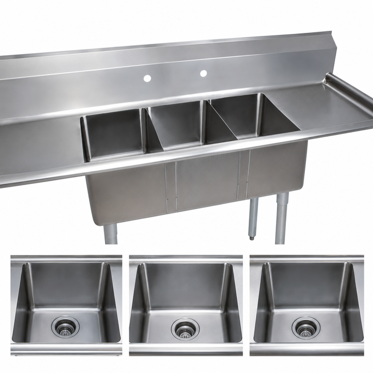 Product image #3 for BK Resources 60-Inch Three-Compartment Convenience Store Sink with Dual 12-Inch Drainboards and 9-Inch Backsplash
