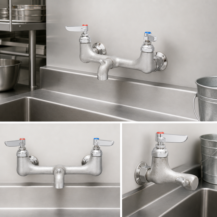 Product image #3 for Wall-Mount Service Sink Faucet with 8-Inch Centers, 5-Inch Rigid Spout, Pail Hook, Rough Chrome-Plated Finish