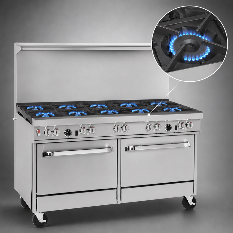 Product image #3 for Southbend Ultimate 60-Inch Gas Restaurant Range with 10 Open Burners, 2 Standard Ovens, and Backriser Hi-Shelf