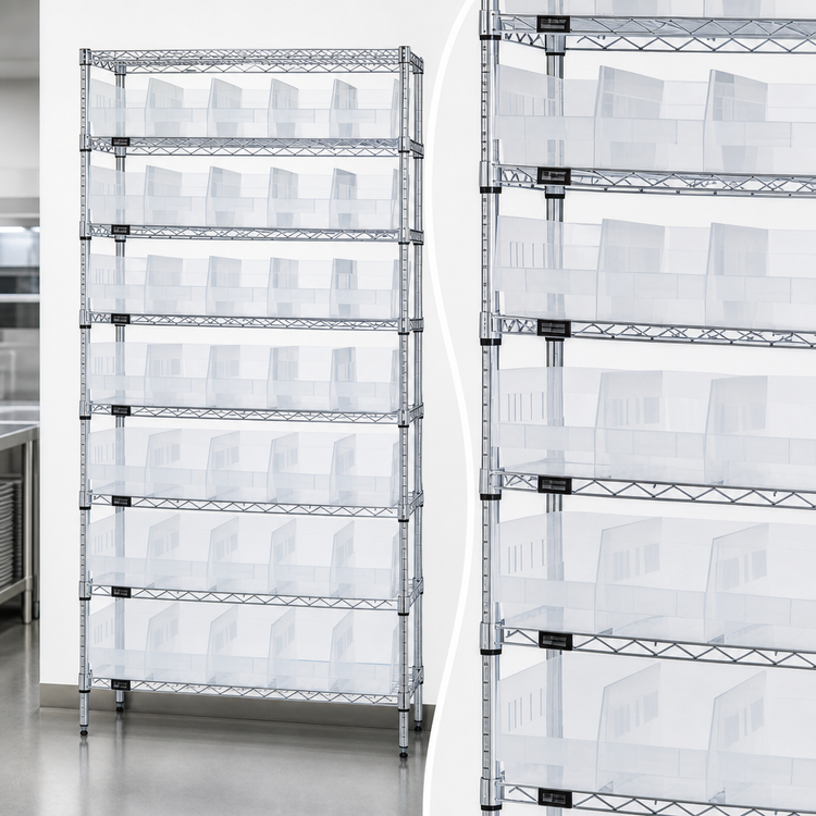 Product image #3 for Quantum 36"W x 12"D x 74"H Stationary Chrome-Plated Bin Wire Shelving System with 40 Clear Bins