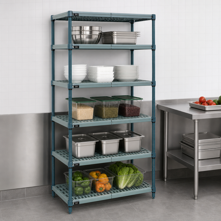 Product image #3 for Quantum 5-Tier Stationary Wire Plastic Mat Shelving Unit, 36"W x 24"D x 74"H, Green Epoxy Antimicrobial