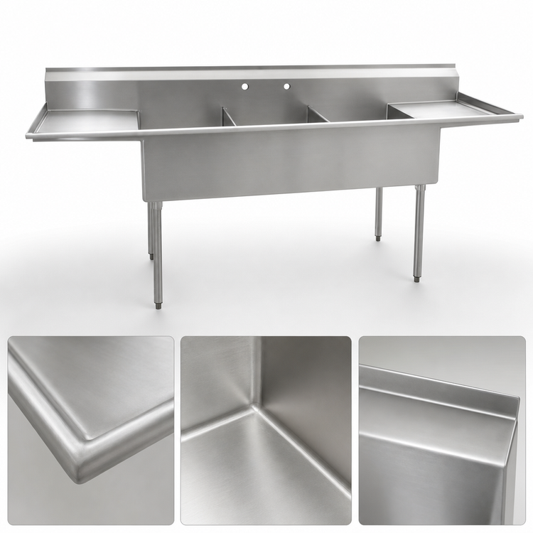 Product image #3 for Eagle Group Three-Compartment Double Drainboard Utility Sink, 120-1/4 x 28 Inches, 16-Gauge 430 Stainless Steel