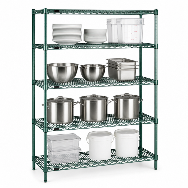 Product image #3 for Redipak 4-Tier Wire Shelving Unit, 60W x 18D x 74H, Stationary, Green Epoxy