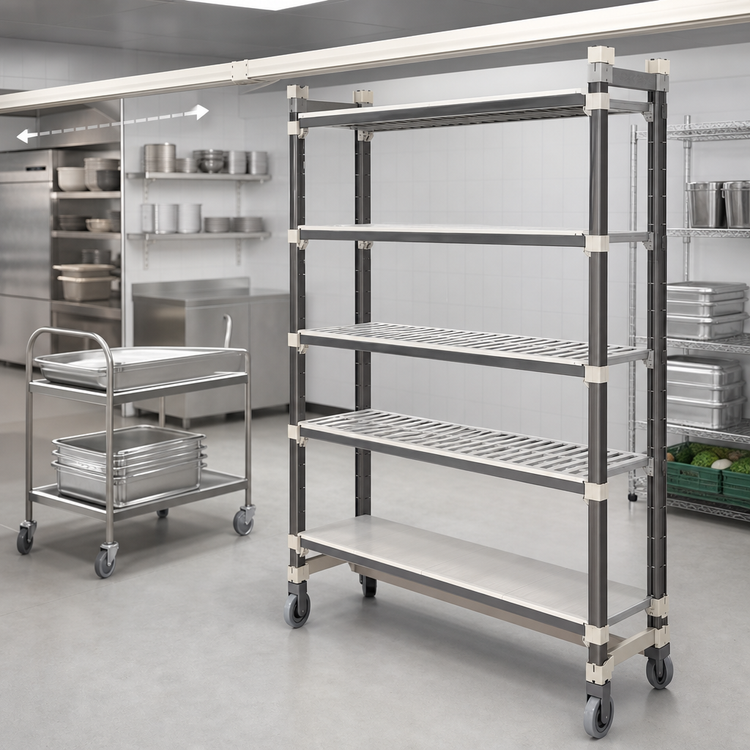 Product image #3 for Cambro Camshelving Elements XTRA High Density Top Rail 5-Tier Mobile Starter Unit, 54 x 24 x 80 Inch, Overhead Track Shelving