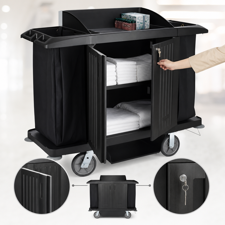 Product image #3 for Rubbermaid Commercial Products Housekeeping Cart with Doors and Vinyl Bag, Black, 60 x 22 x 50 Inches