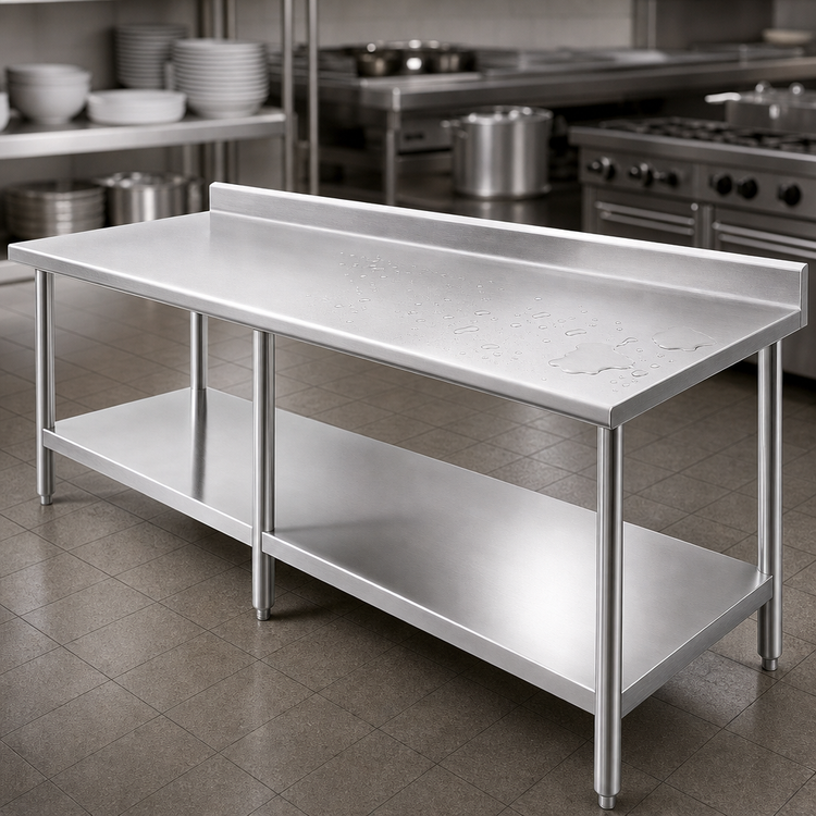 Product image #3 for Eagle Group Budget Series 144" x 36" Work Table with 430 Stainless Steel Top, 4-1/2" Backsplash, and Adjustable Undershelf