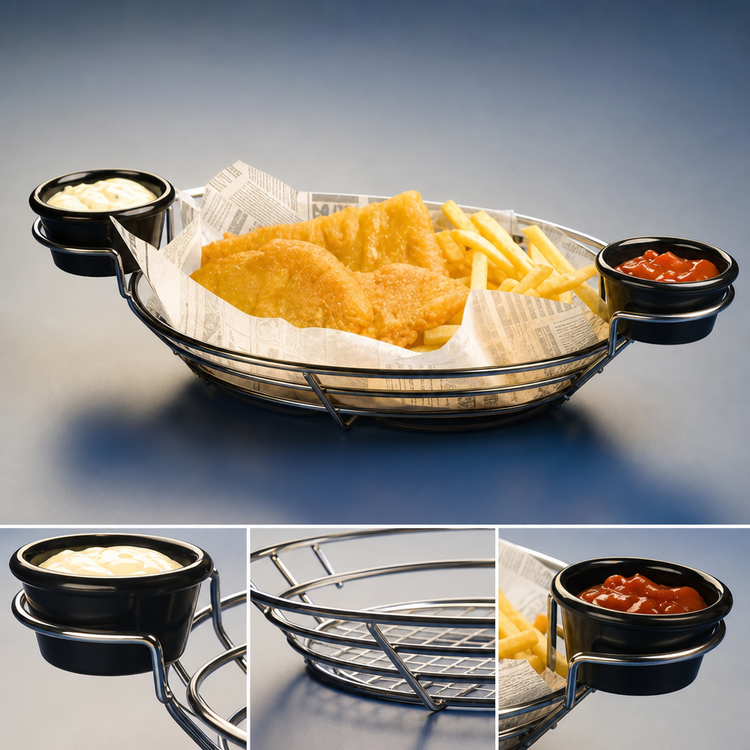 Product image #3 for American Metalcraft Oval Chrome Wire Serving Basket with Built-In Ramekin Holders