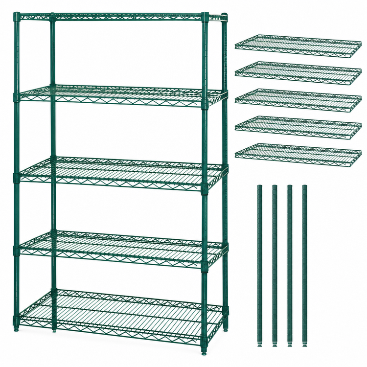 Product image #3 for Quantum Stationary Wire Shelving Starter Kit, 42"W x 30"D x 86"H, 5 Shelves, Green Epoxy