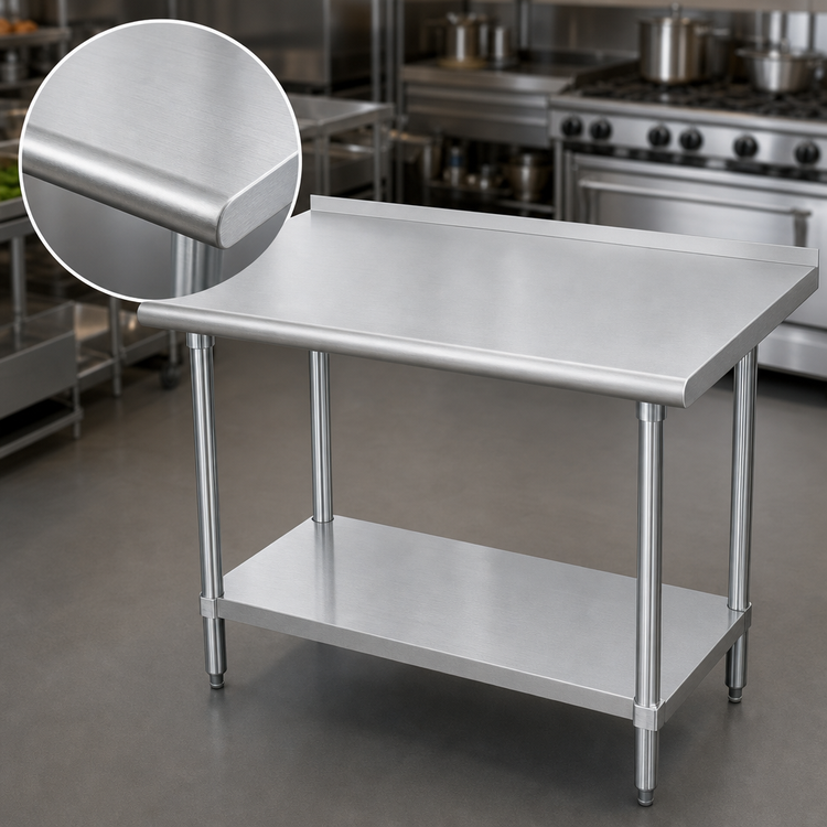 Product image #3 for Advance Tabco 120"W x 24"D 14-Gauge 304 Stainless Steel Open Base Work Table with 1-1/2" Rear Up-Turn and Adjustable Galvanized Undershelf