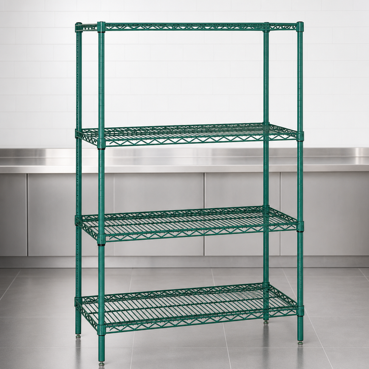 Product image #3 for Quantum Stationary Wire Shelving Starter Kit, 42"W x 12"D x 86"H, 4-Shelf, 600-800 lb Capacity, Green Epoxy Antimicrobial Finish