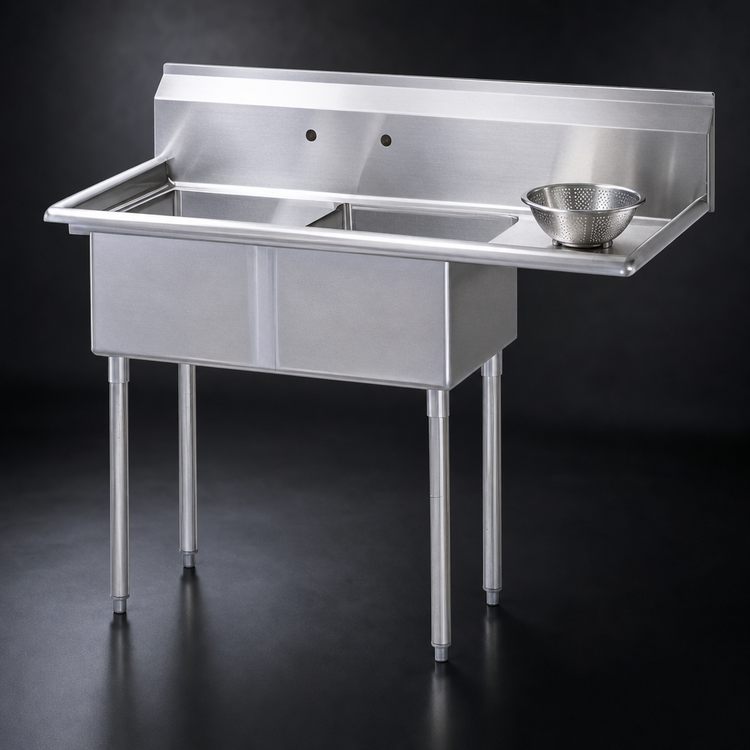 Product image #3 for Turbo Air 2-Compartment Sink with Right-Hand Drainboard, 18" x 18" Bowls, and 11" Backsplash