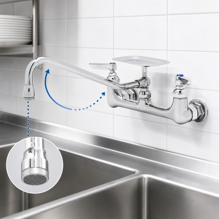 Product image #3 for T&S Brass 8-Inch Wall-Mounted Double Pantry Mixing Faucet with Swing Nozzle and Soap Dish