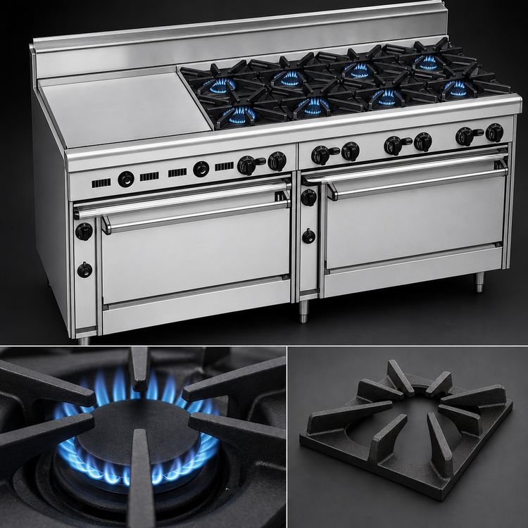 Product image #3 for Bistro 72-Inch Shallow-Depth Heavy-Duty Gas Restaurant Range with 12 Open Burners, Standard Oven, and Convection Oven
