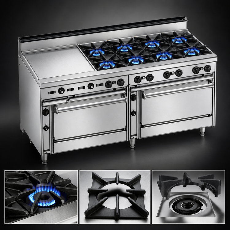 Product image #3 for Jade Bistro 72-Inch Shallow-Depth Heavy-Duty Gas Restaurant Range with 8 Open Burners, 24-Inch Left Griddle, and 2 Standard Ovens