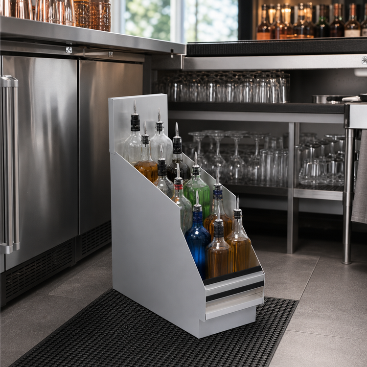 Product image #3 for Krowne Royal Series Freestanding Underbar Stainless Steel Liquor Display, 8 x 24 Inch, 5-Step, 10-Bottle Capacity