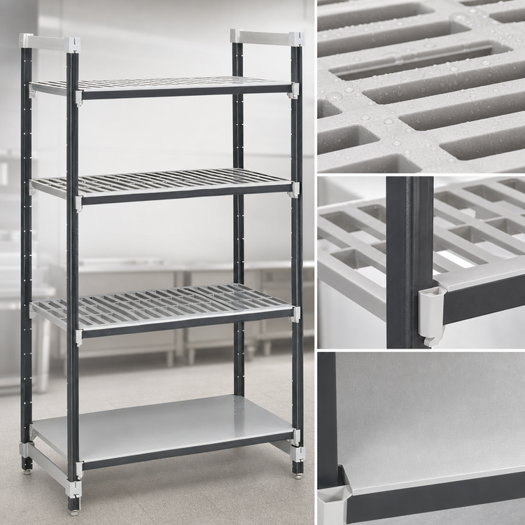 Product image #3 for Cambro Camshelving Elements XTRA 4-Tier Stationary Starter Polymer Shelving Unit, 18 x 30 x 84 Inches, 3 Vented + 1 Solid, Speckled Gray