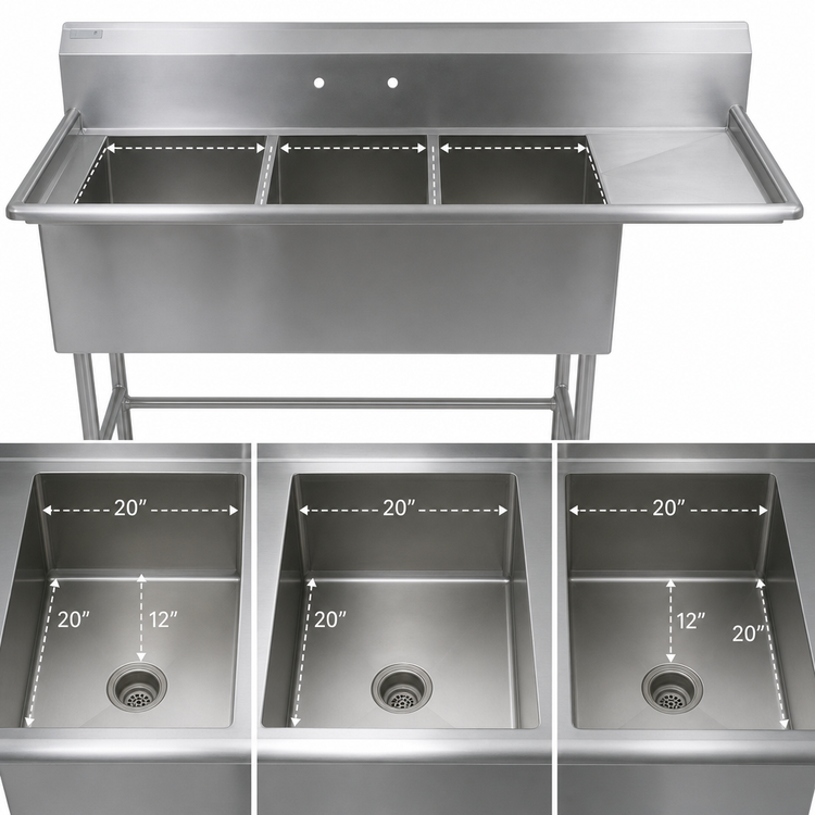 Product image #3 for John Boos Pro-Bowl 3-Compartment Sink with 30-Inch Right Drainboard, 20" x 20" x 12" Bowls, 14-Gauge Stainless Steel
