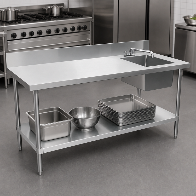 Product image #3 for 60-Inch x 30-Inch 18-Gauge Stainless Steel Work Table with Right-Side Prep Sink and Undershelf