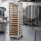 Thumbnail image #3 for Dinex DXP733S Aluminum Side-Load Pan Rack for 33 18 x 26 Inch Trays, 1-1/2 Inch Spacing, 5 Inch Casters