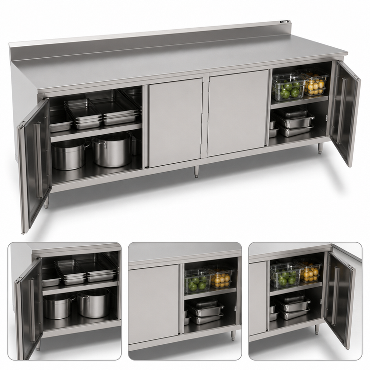 Product image #3 for Commercial Stainless Steel Enclosed Work Table with Cabinet Base, Hinged Doors, 120 x 36 Inches, 5-Inch Backsplash