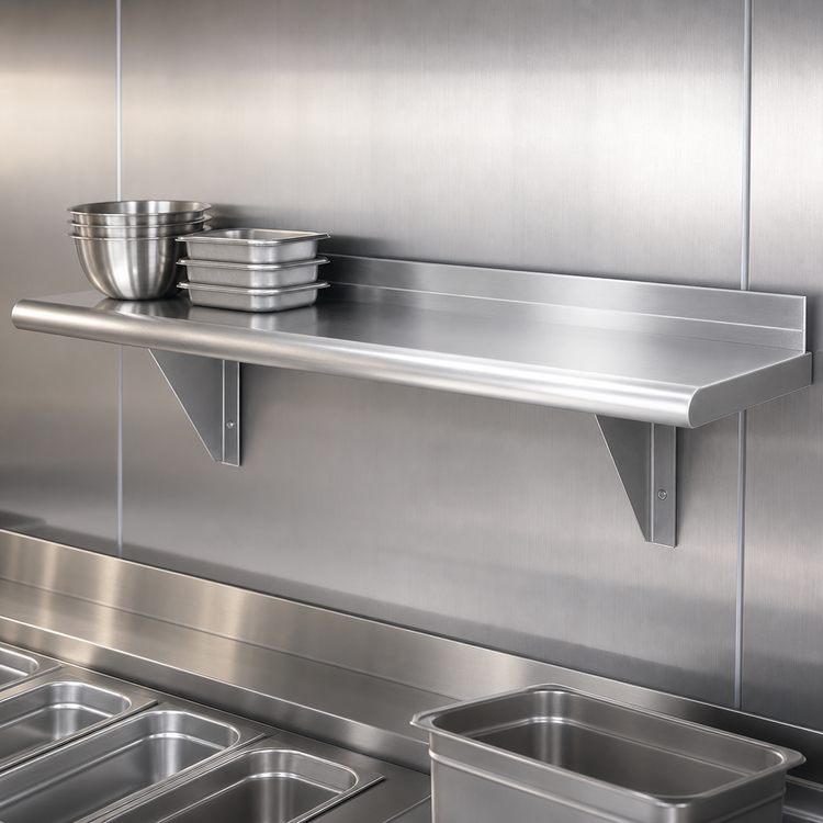 Product image #3 for Advance Tabco WS-12-72 72-Inch x 12-Inch Wall-Mounted 18-Gauge 430 Stainless Steel Shelf with Bullnose Front Edge