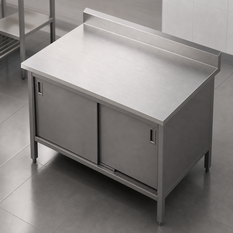Product image #3 for John Boos Enclosed Base Stainless Steel Work Table with Sliding Doors, 16-Gauge 300-Series Top, 48-Inch W x 30-Inch D