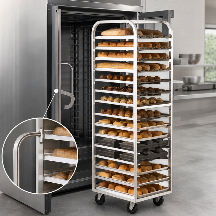 Product image #3 for Adamatic/Revent Aluminum Roll-In Oven Rack with C-Lift, 10 Pan Capacity, Side Load