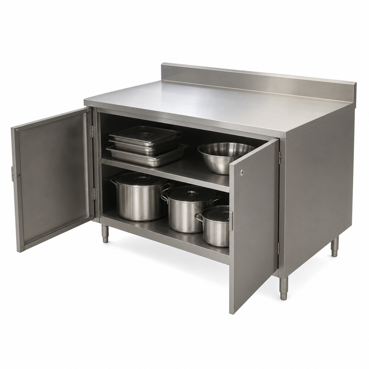 Product image #3 for BK Resources 48 Inch Stainless Steel Enclosed Work Table Cabinet Base with Locking Hinged Doors and 5 Inch Backsplash