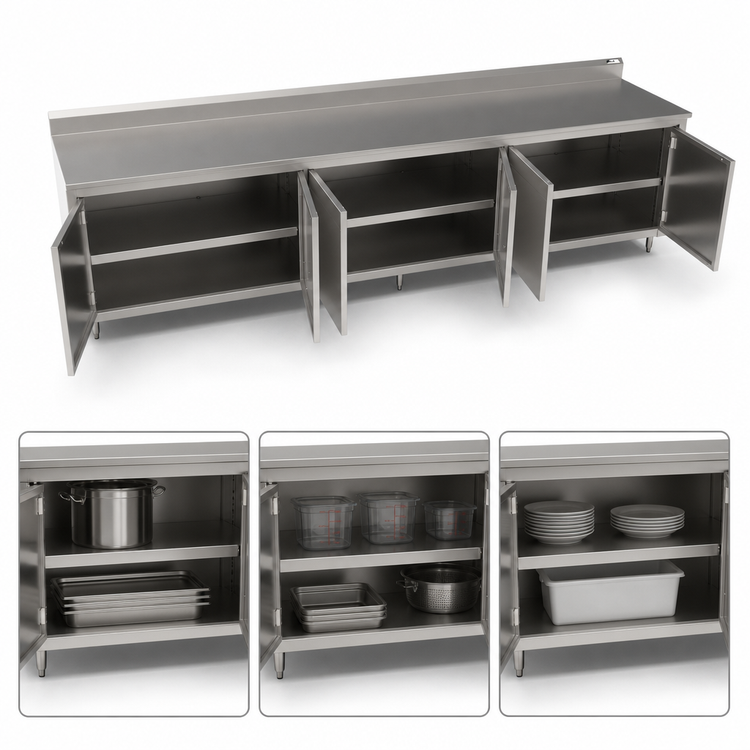 Product image #3 for John Boos Enclosed Work Table with Cabinet Base, 3 Hinged Door Sets, 144 Inch x 30 Inch, Stainless Steel Top, 5 Inch Backsplash