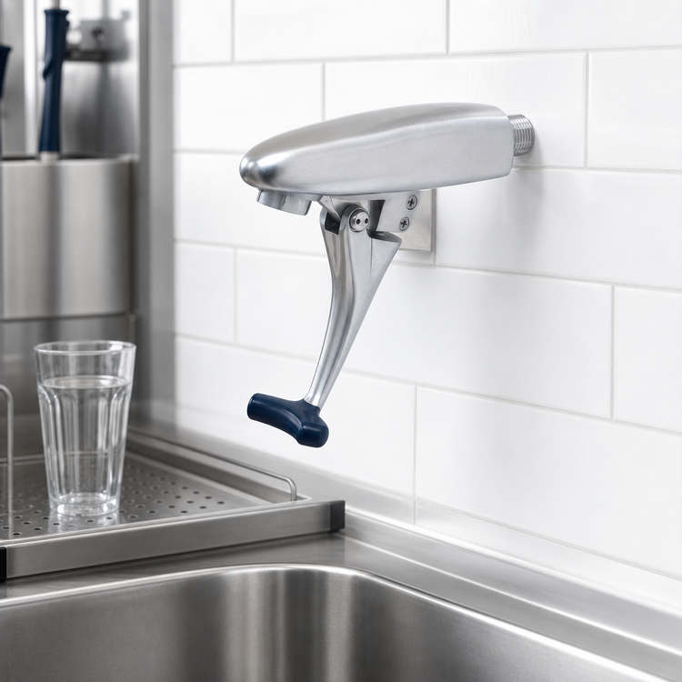 Product image #3 for EverSteel Wall-Mount Stainless Steel Push-Back Glass Filler with Dark Blue Self-Closing Arm