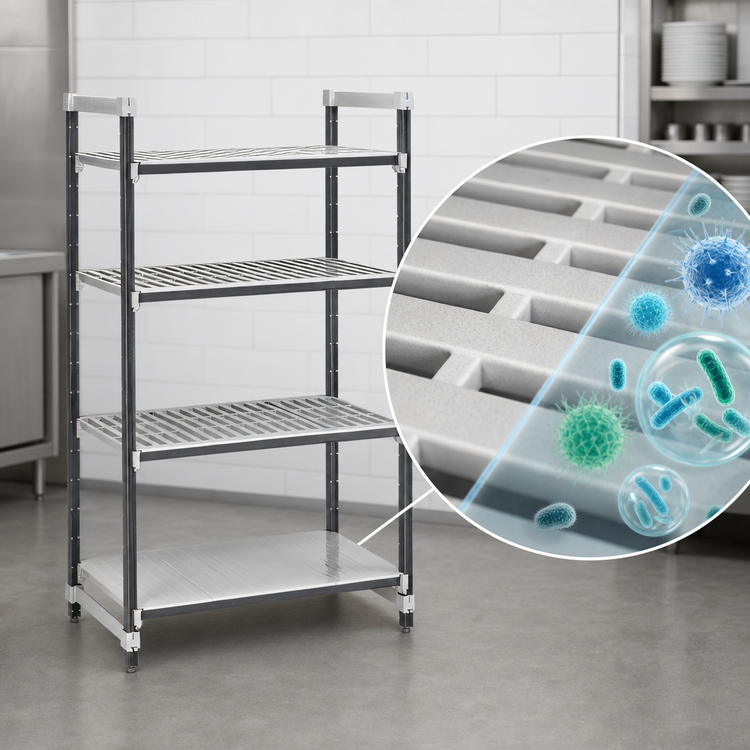 Product image #3 for Cambro Camshelving Elements XTRA 30"W x 24"D x 64"H Stationary Starter Shelving Unit, 4-Tier, 3 Vented + 1 Solid, Speckled Gray