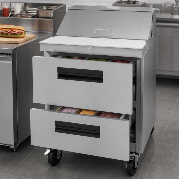 Product image #3 for Hoshizaki Steelheart 27-Inch One-Section Sandwich Top Refrigerator with 2 Drawers and 8-Pan Top