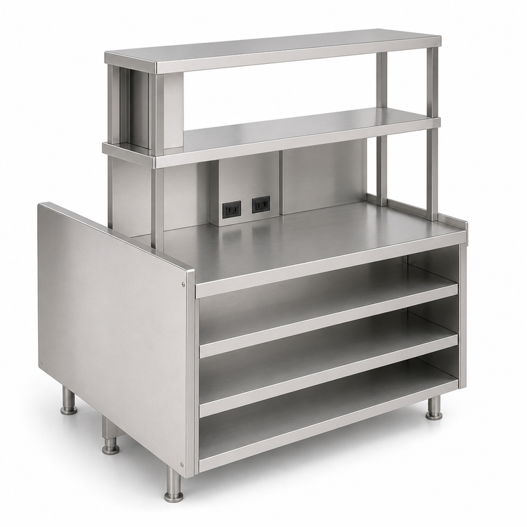 Product image #3 for Randell Modular Chef Service Counter Right Section with Plate Storage Cabinet, Double Overshelf, and Prewired 120V/208V Receptacles, 82-1/2 Inch