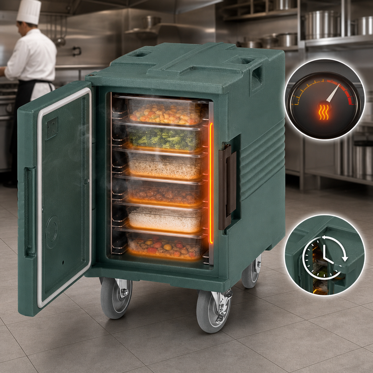 Product image #4 for Cambro Ultra Pan Carrier H-Series Heated Front-Loading Food Pan Carrier with Casters, 1 Compartment, Granite Green, 110V