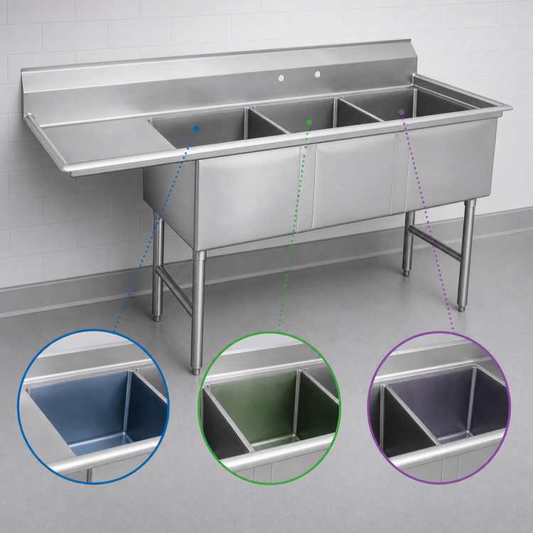 Product image #3 for Advance Tabco Special Value Series Fabricated 3-Compartment Sink with Left Drainboard, 18 x 18 x 14 Bowls, 74-1/2 Inch Overall Length