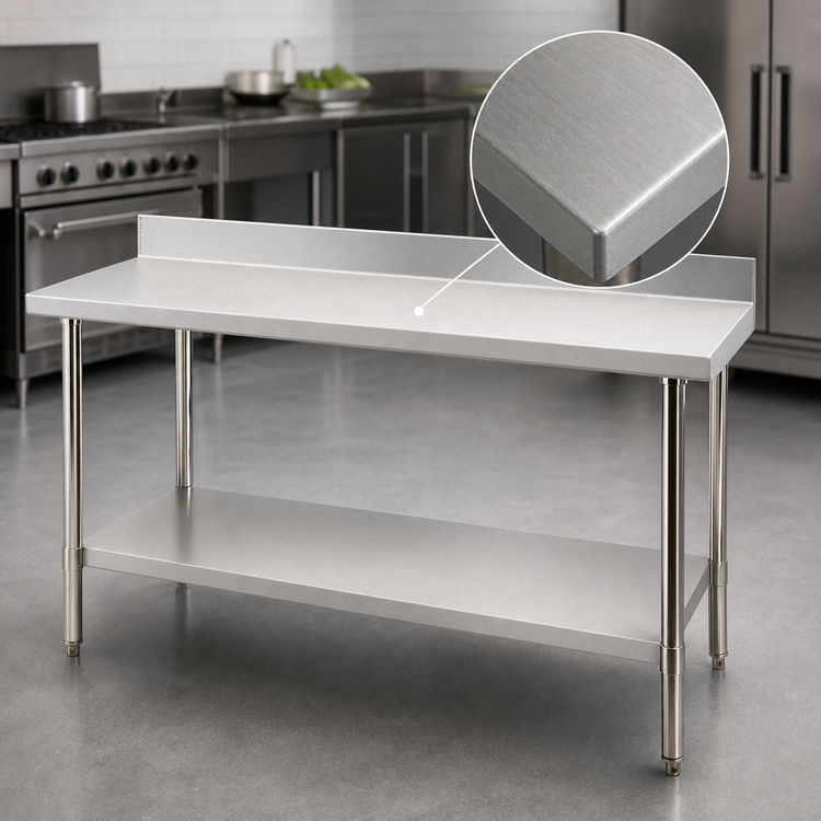 Product image #3 for Omcan 48-Inch x 30-Inch 20-Gauge 430 Stainless Steel Flat Top Work Table with 4-Inch Backsplash and Undershelf