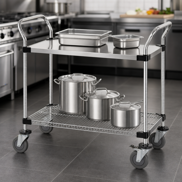 Product image #3 for Quantum 36-Inch x 18-Inch 304 Stainless Steel Utility Cart with 1 Wire Shelf and 1 Solid Shelf