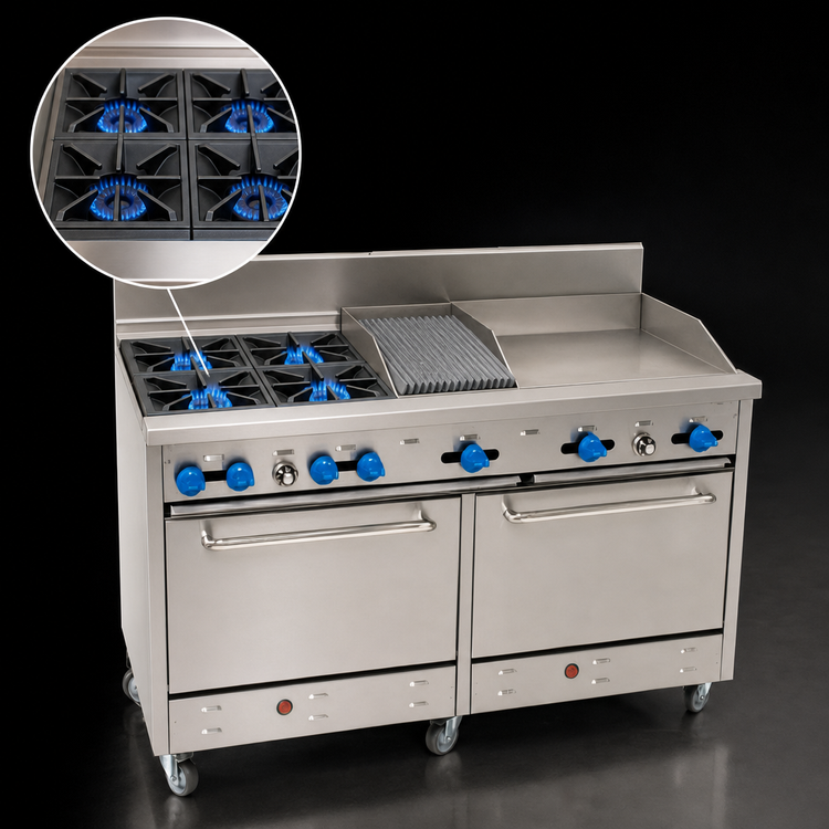 Product image #3 for 60-Inch Stainless Steel Commercial Gas Range with 4 Open Burners, 24-Inch Griddle, 12-Inch Char-Broiler, and 2 Ovens